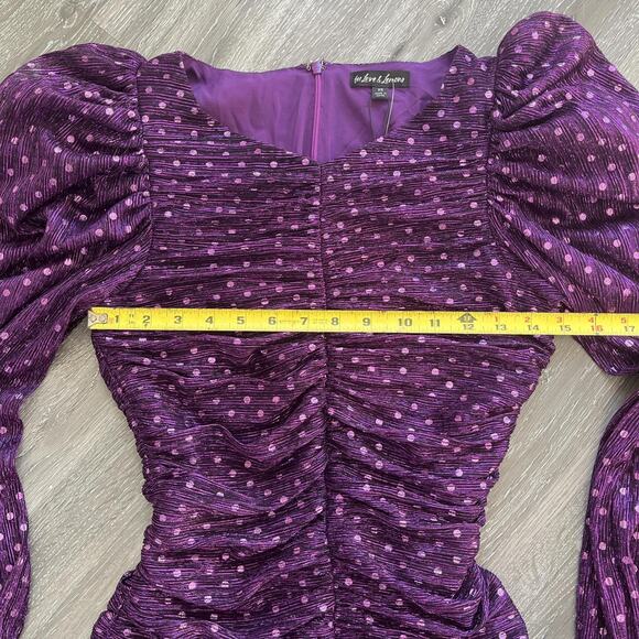 For Love & Lemons Purple Metallic Polka Dot Ruched Puff Sleeve Dress - Picture 7 of 8